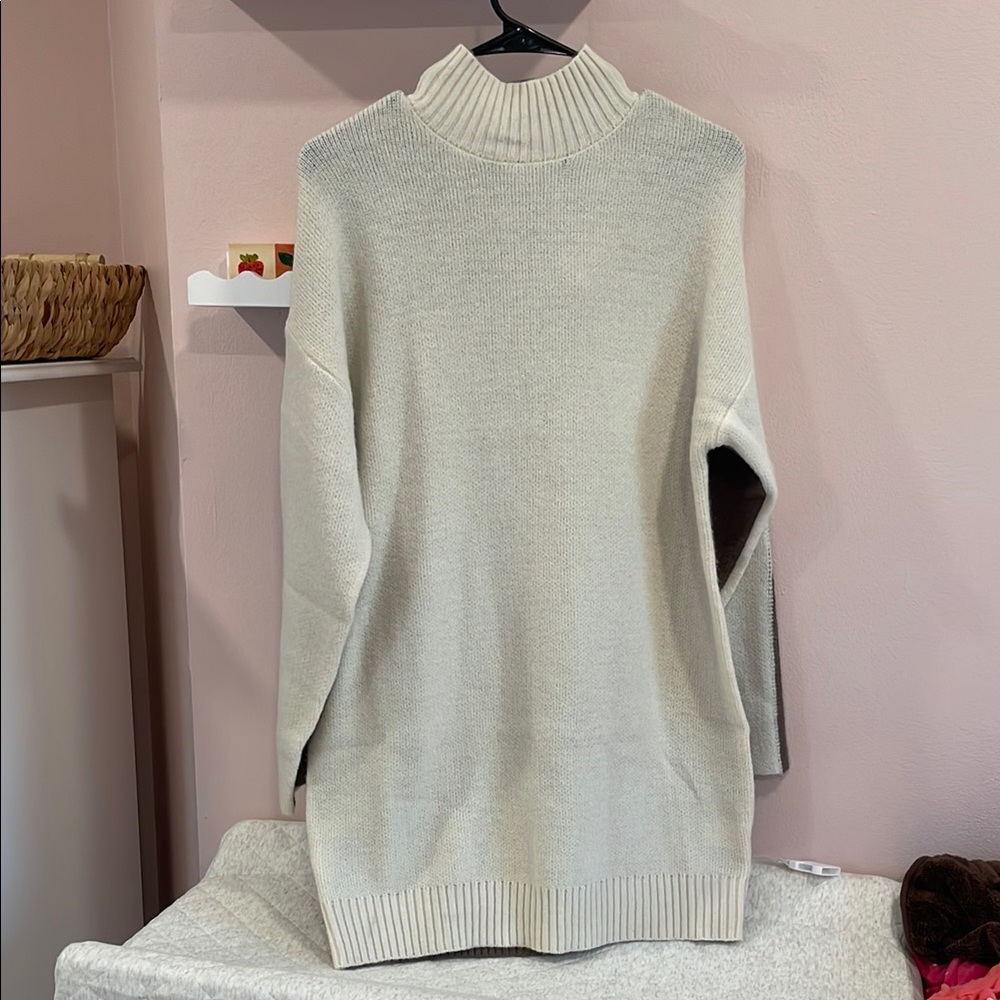 Cozy Cream and Brown Turtleneck Sweater Dress